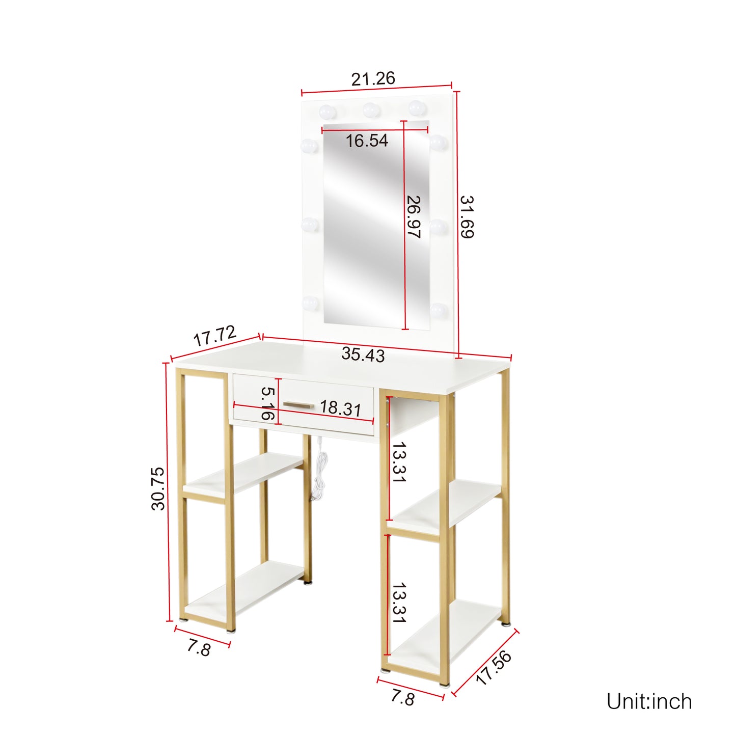 Sesslife Makeup Vanity with Lighted Mirror, Vanity Table with a Drawer & Cushioned Stool, Vanity Desk with Stool, for Girls, Women, Bedroom, White