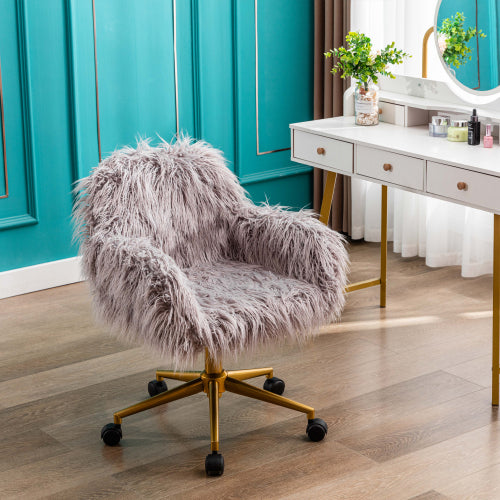 Fluffy Desk Chair, Comfy Modern Faux Fur Home Office Chair with Wheels,  Elegant Swivel Fuzzy Vanity Chair Makeup Arm Chair for Living Room,  Bedroom