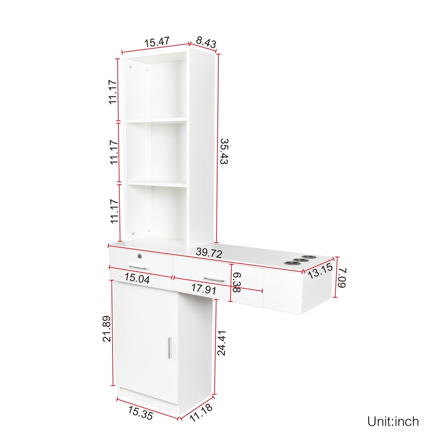 Sesslife Wall Mount Beauty Salon Spa Equipment, Hair Styling Barber Station Desk Dressing Table, Standing Hair Styling Barber Station with 3 Tier Shelf, Lockable Drawers, 1 Cabinet, White