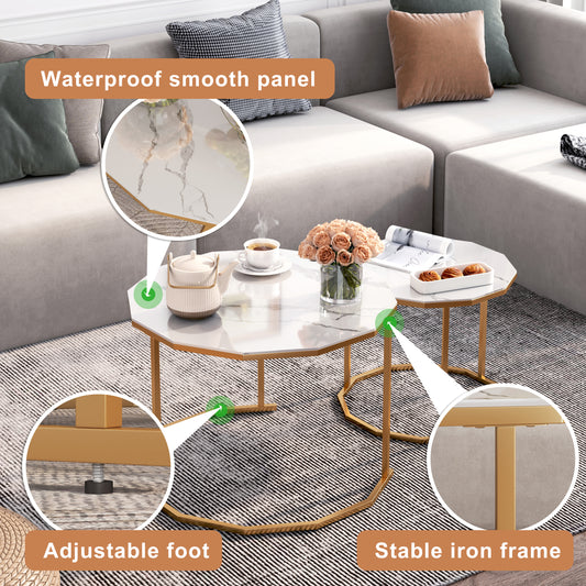 Sesslife Coffee Table Nesting Set of 2, Side Set Golden Frame Circular and Marble Pattern Tables, Living Room Bedroom Apartment Modern Industrial Simple Nightstand, White + Gold