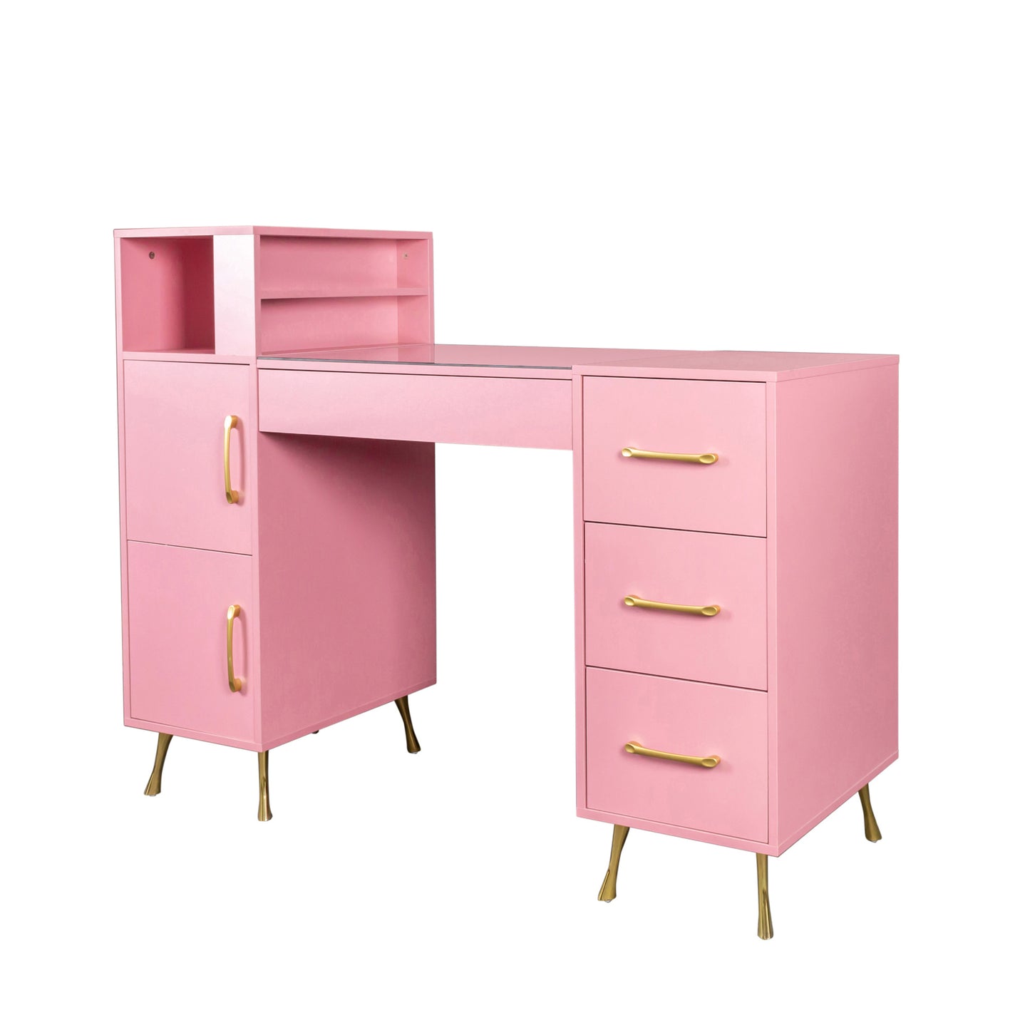 Manicure Table, Sesslife Wood Nail Desk with Storage Drawers, Contemporary Pink Nail Table for Manicures, Salon Station Tech Table Nail Beauty Workstation with Removeable Glass, Pink