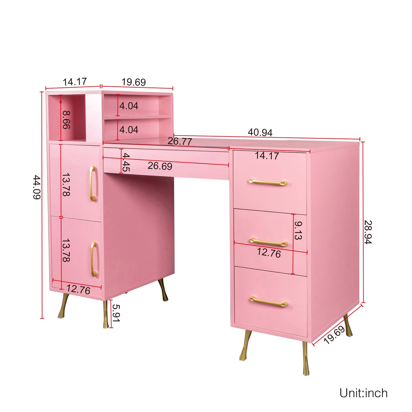 Manicure Table, Sesslife Wood Nail Desk with Storage Drawers, Contemporary Pink Nail Table for Manicures, Salon Station Tech Table Nail Beauty Workstation with Removeable Glass, Pink