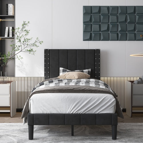 Sesslife Gray Platform Bed Frame, Twin Bed Frame with Upholstered Headboard, Twin Floor Bed Frame, Mattress Foundation, No Box Spring Needed, Easy Assembly