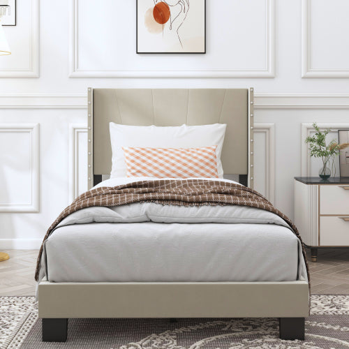 Sesslife Gray Platform Bed Frame, Twin Bed Frame with Upholstered Headboard, Twin Floor Bed Frame, Mattress Foundation, No Box Spring Needed, Easy Assembly