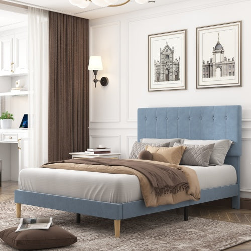 Sesslife Gray Platform Bed Frame, Twin Bed Frame with Upholstered Headboard, Twin Floor Bed Frame, Mattress Foundation, No Box Spring Needed, Easy Assembly