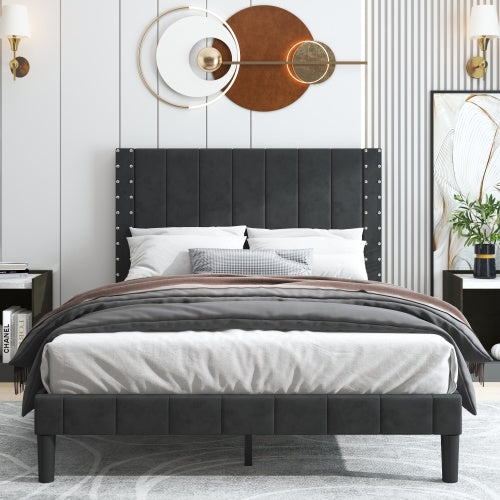 Sesslife Gray Platform Bed Frame, Twin Bed Frame with Upholstered Headboard, Twin Floor Bed Frame, Mattress Foundation, No Box Spring Needed, Easy Assembly