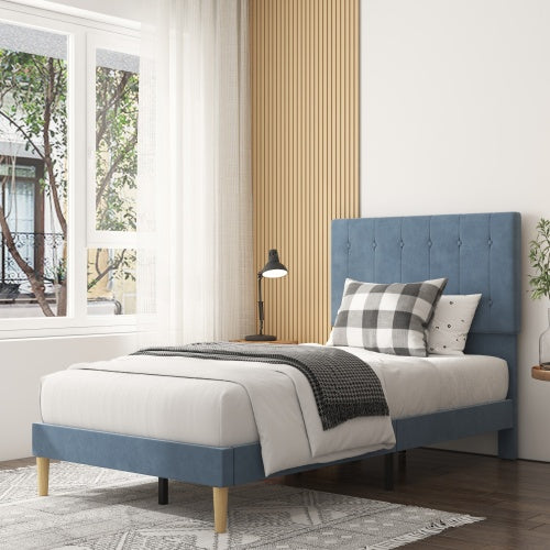 Sesslife Gray Platform Bed Frame, Twin Bed Frame with Upholstered Headboard, Twin Floor Bed Frame, Mattress Foundation, No Box Spring Needed, Easy Assembly