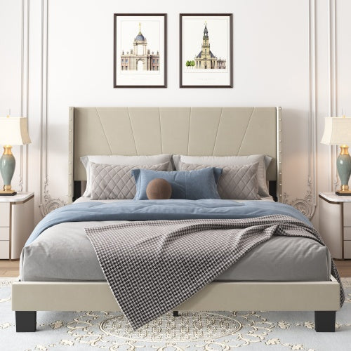 Sesslife Gray Platform Bed Frame, Twin Bed Frame with Upholstered Headboard, Twin Floor Bed Frame, Mattress Foundation, No Box Spring Needed, Easy Assembly