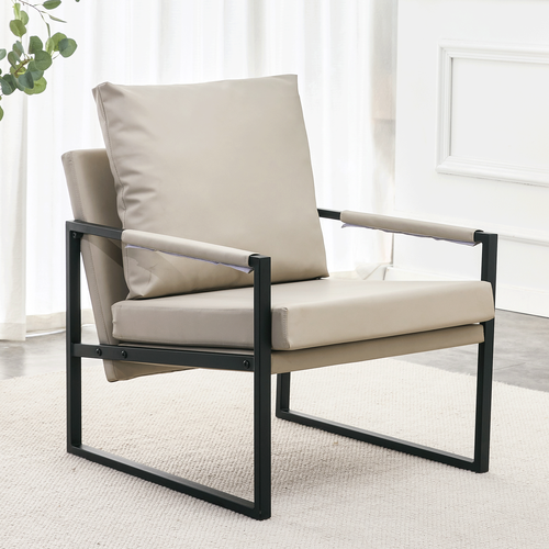 SESSLIFE Modern Accent Chair with Seat Cushion, Beige Reading Chair, Comfy Lounge Chair with Metal Legs, Single Sofa Comfy PU Arm Chair for Living Room Bedroom