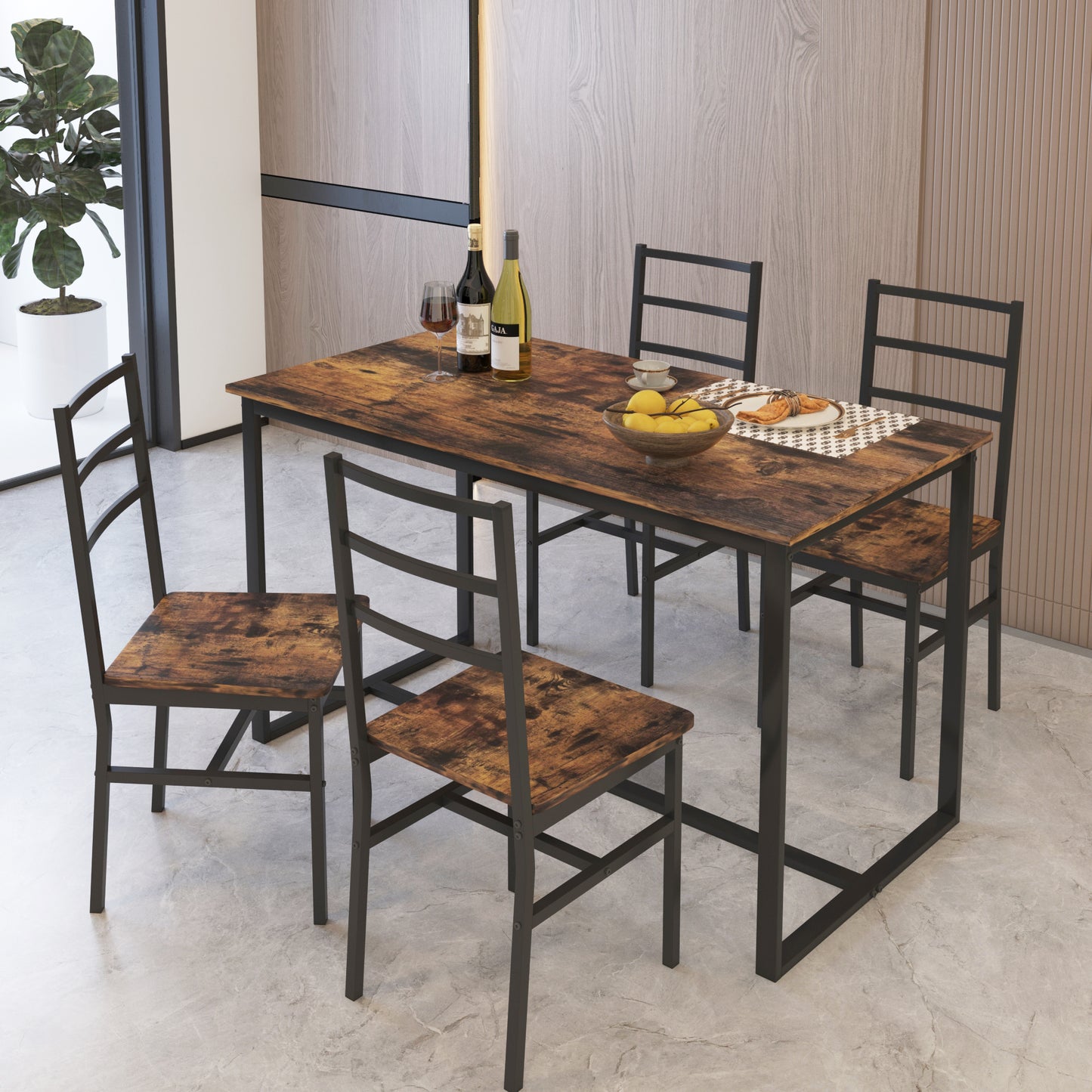 Wooden Dining Table Set for 4, Modern Kitchen Table Set with 4 Chairs, Brown Multipurpose Table and Chairs Set for Home Pub Bistro