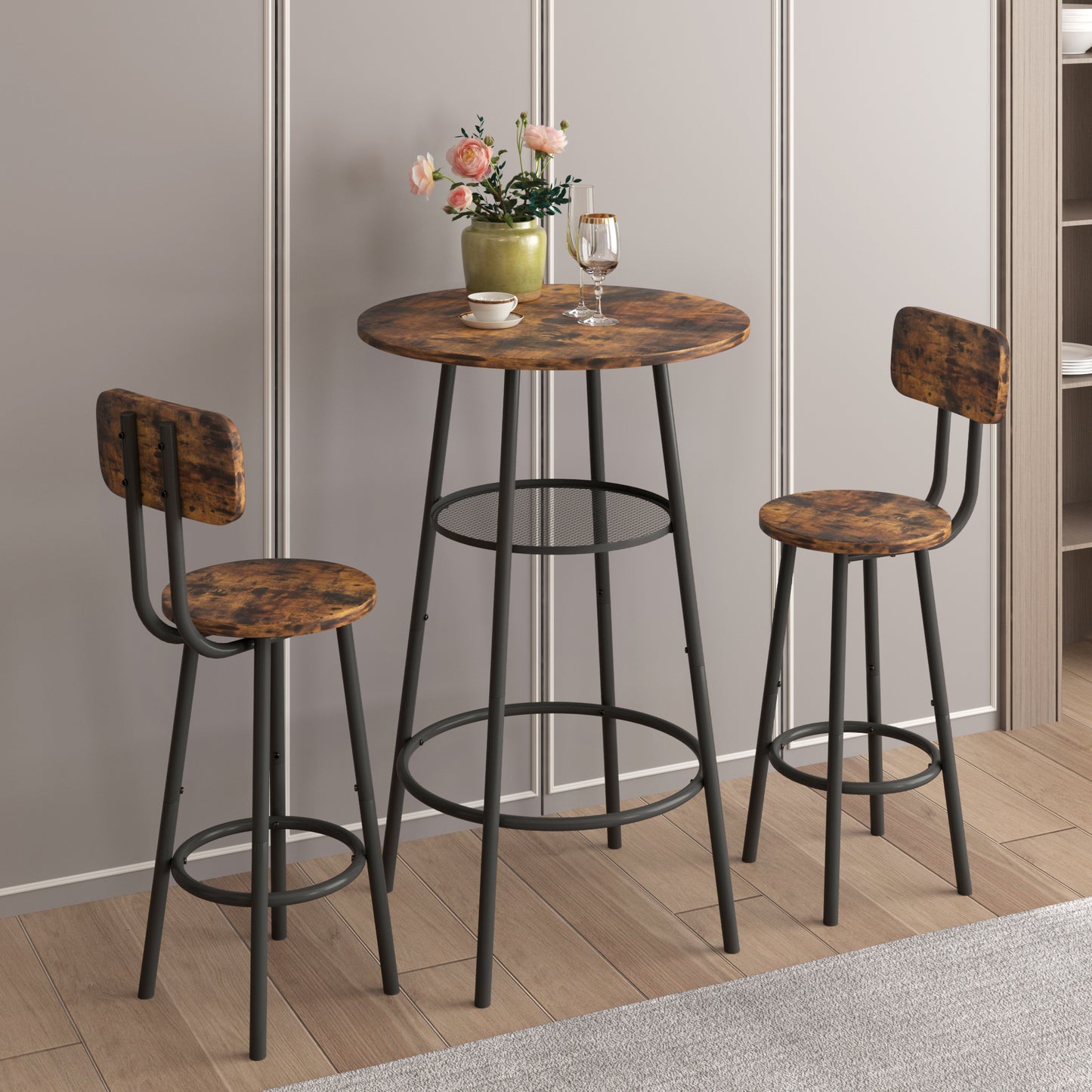 Bar Table Set for 2, Sesslife Round Wood Dining Table Set with Chairs, Counter Height Bistro Dining Table and Upholstered Stools, for Dining Room, Kitchen, Coffee Bar, Gray