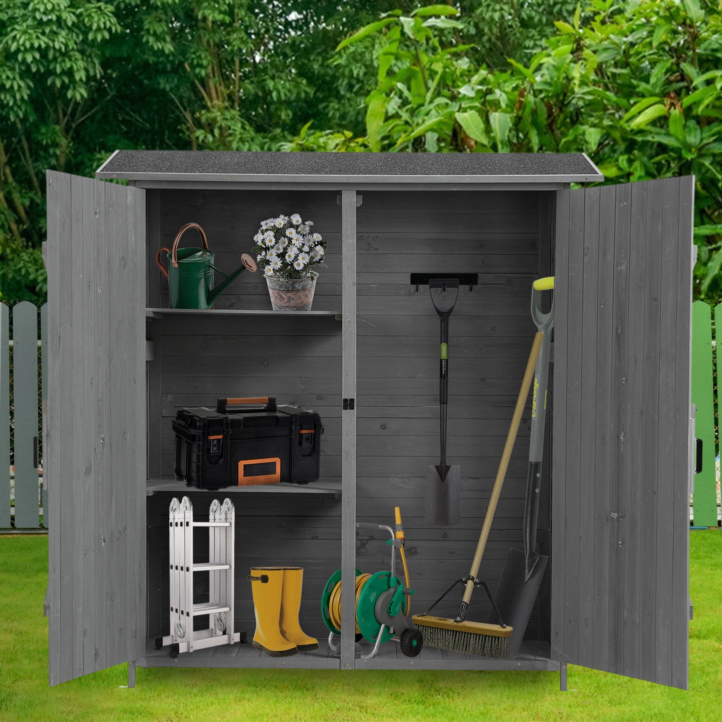 Wooden Storage Shed, 3-tier Removable Shelves Outdoor Storage Cabinet, Vertical Garden Shed for Tools Garden Accessories, Gray Outside Storage Sheds