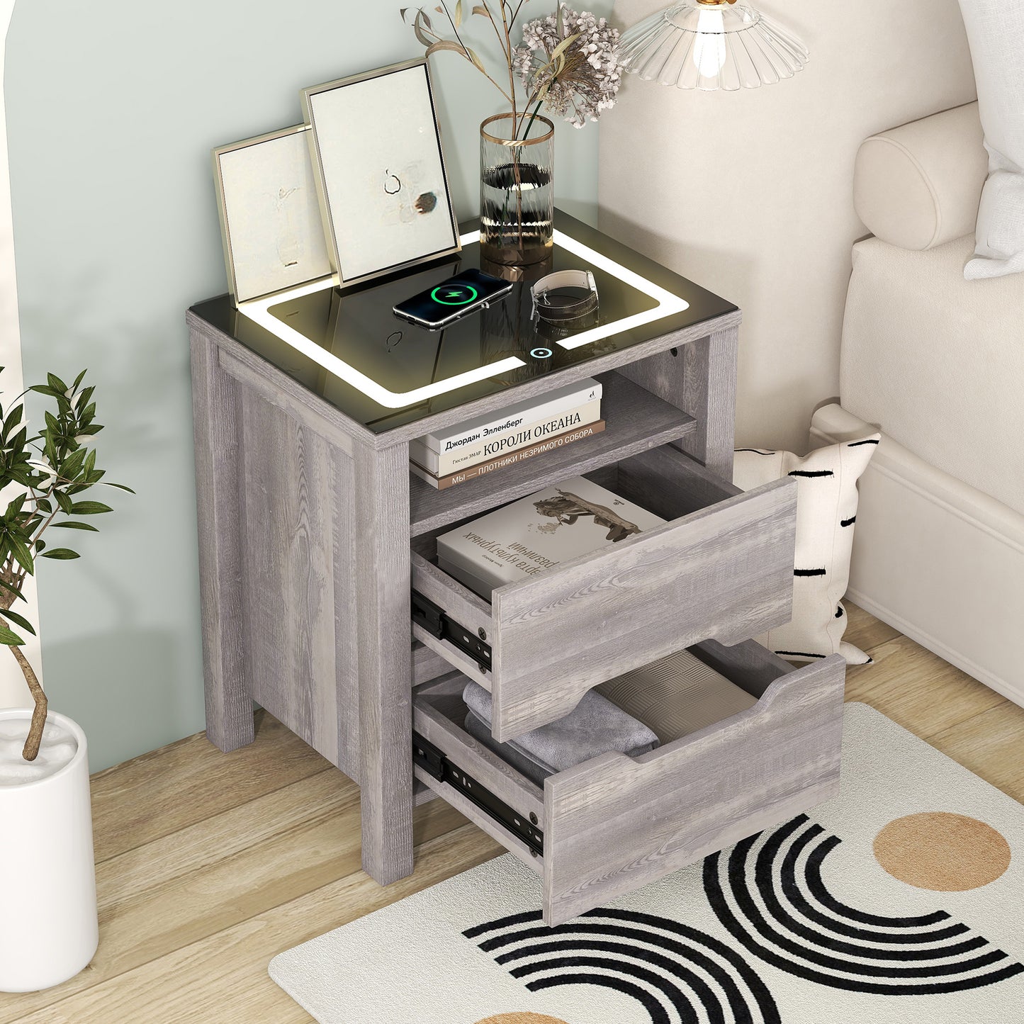 Sesslife Nightstands Wireless Charging Station and LED Lights, Modern End Side Table with 2 Drawers, Nightstand Storage Cabinet for Bedroom (1, White)