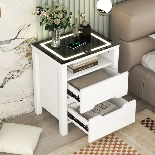 Sesslife Nightstands Wireless Charging Station and LED Lights, Modern End Side Table with 2 Drawers, Nightstand Storage Cabinet for Bedroom (1, White)