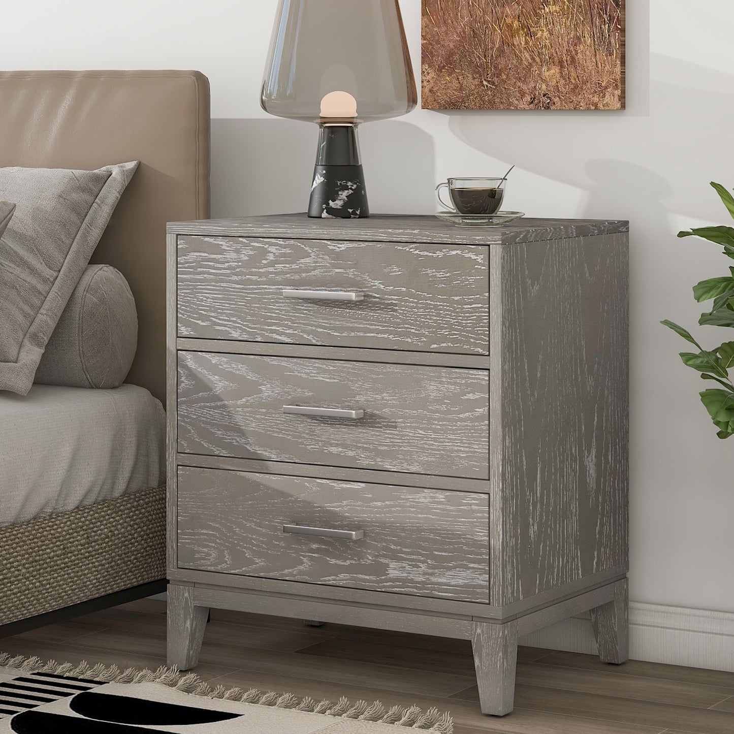 Sesslife Nightstands with 3 Drawers, Gray Modern End Side Table, Nightstand Storage Cabinet for Bedroom