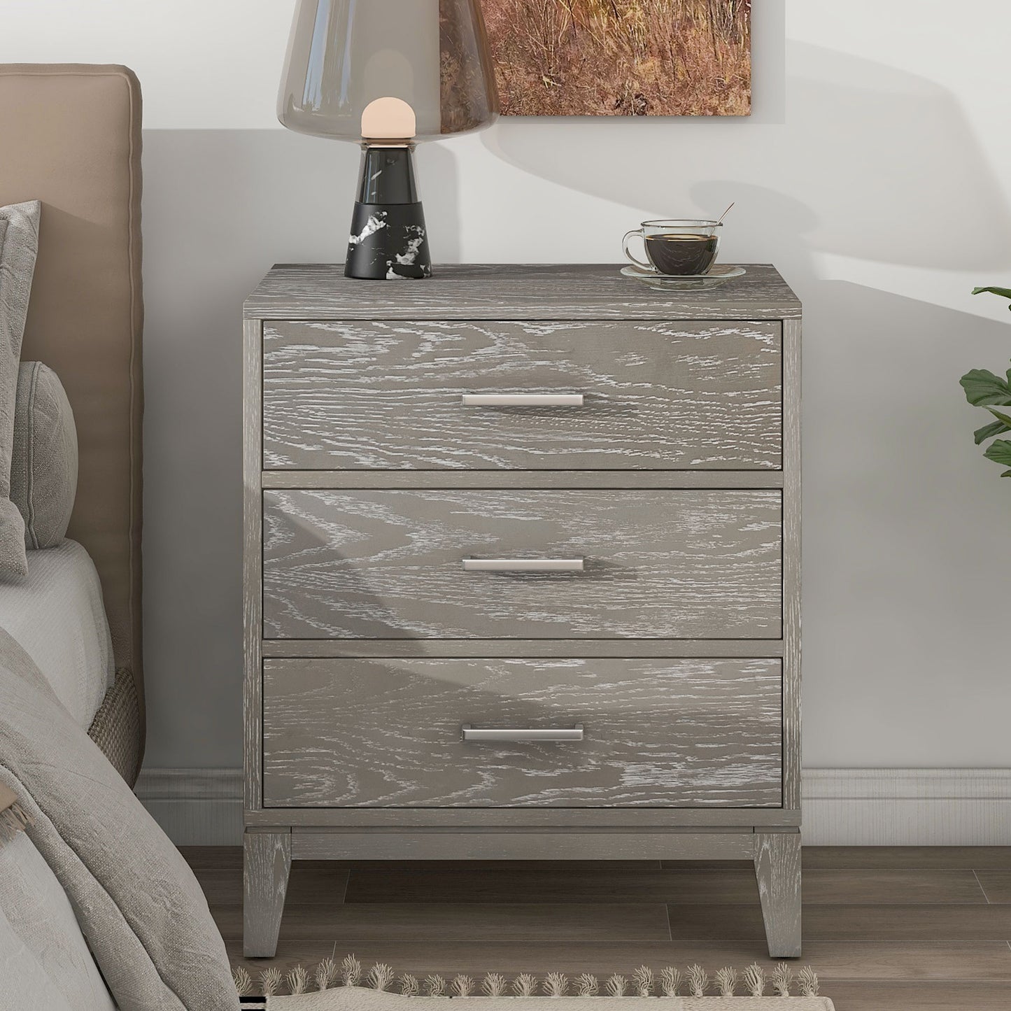 Sesslife Nightstands with 3 Drawers, Gray Modern End Side Table, Nightstand Storage Cabinet for Bedroom