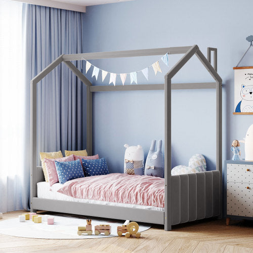 Sesslife Twin House Bed for Kids, Velvet Montessori Floor Bed with Roof, Wood Toddler Twin Floor Bed for Girls, Boys, No Box Spring Needed (White)