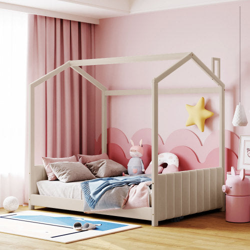 Sesslife Twin House Bed for Kids, Velvet Montessori Floor Bed with Roof, Wood Toddler Twin Floor Bed for Girls, Boys, No Box Spring Needed (White)