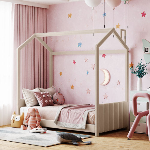 Sesslife Twin House Bed for Kids, Velvet Montessori Floor Bed with Roof, Wood Toddler Twin Floor Bed for Girls, Boys, No Box Spring Needed (White)
