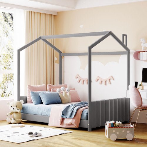 Sesslife Twin House Bed for Kids, Velvet Montessori Floor Bed with Roof, Wood Toddler Twin Floor Bed for Girls, Boys, No Box Spring Needed (White)