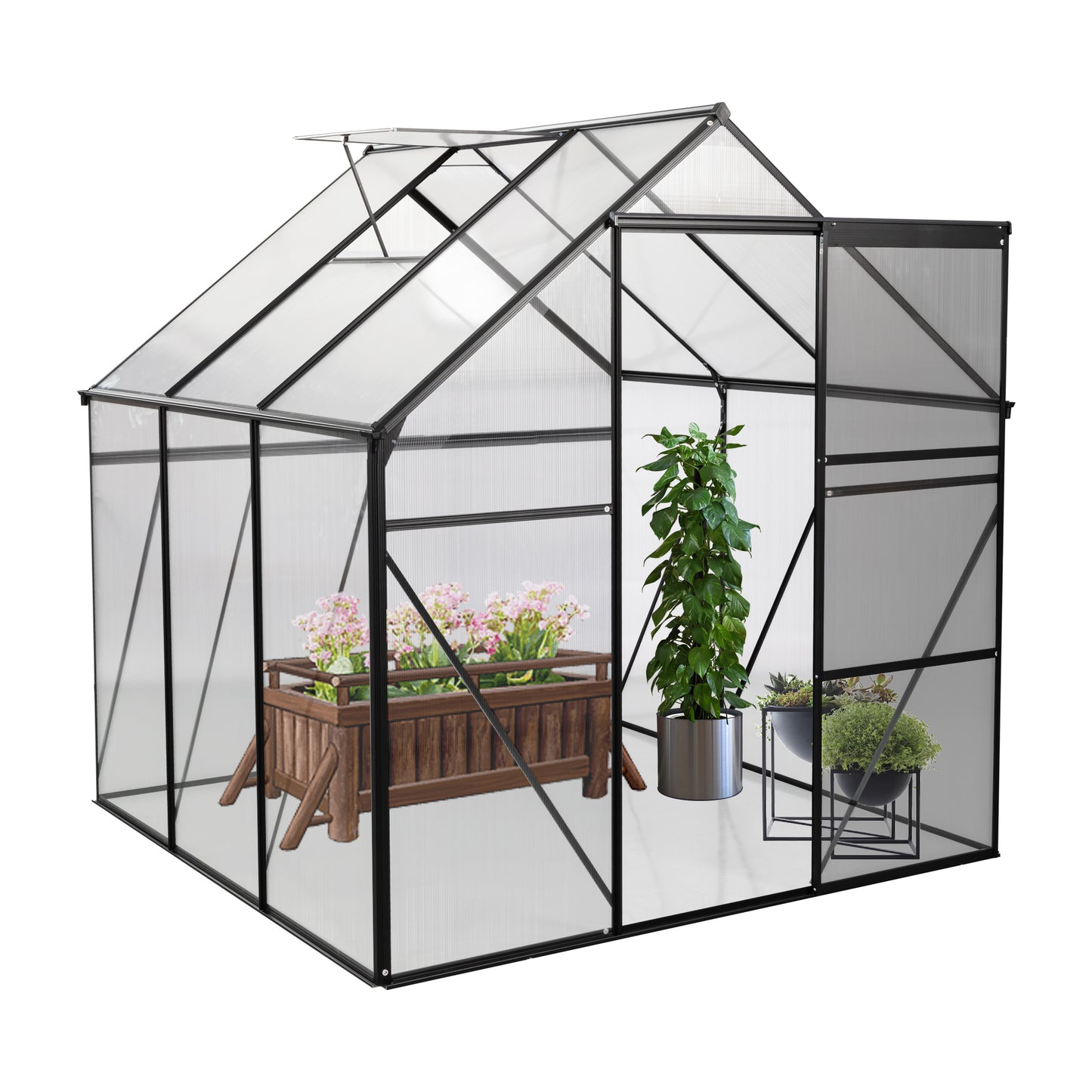 Outdoor Polycarbonate Greenhouse, Walk in Greenhouse with Sliding Door and Rain Gutter, 8' x 6' x 6.8', DT45