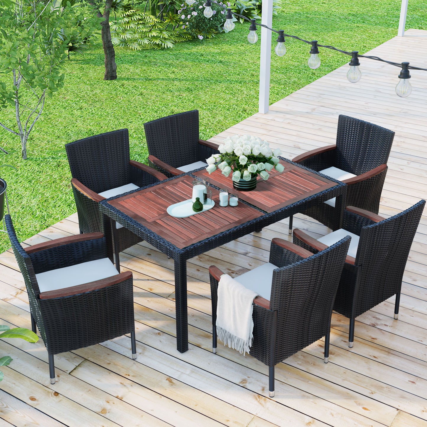 7 Piece Patio Table and Chairs, All Weather Brown Wicker Outdoor Furniture Dining Set with 6 Chairs and Removable Cushion