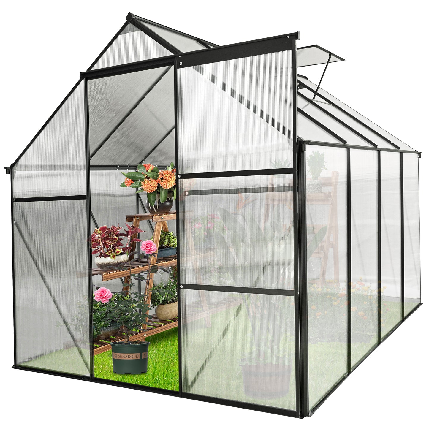 Outdoor Polycarbonate Greenhouse, Walk in Greenhouse with Sliding Door and Rain Gutter, 8' x 6' x 6.8', DT45