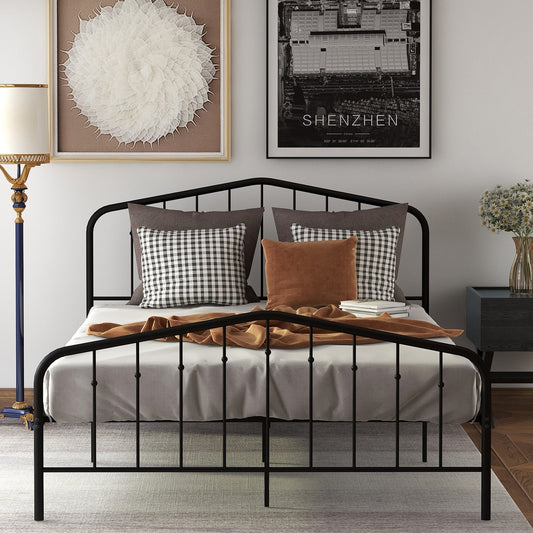 Twin Size Bed with Victorian Headboard and Footboard, Metal Platform Bed Frame with Slats Support and 6 Legs, No Box Spring Needed Twin Bed Frame for Kids Adults Bedroom, Black, X2637