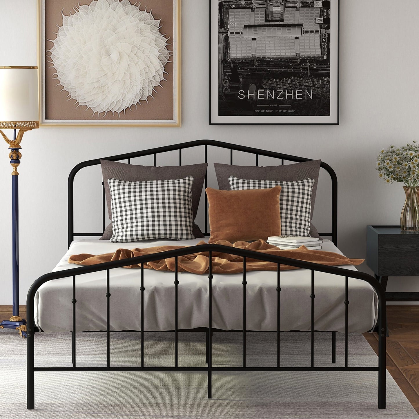 Twin Platform Bed, Metal Bed Frame with Curved Headboard and Footboard, Antique Twin Size Bed Frame No Box Spring Needed, Platform Bed Frame for Kids Teens, 330LBS, Black, X2635