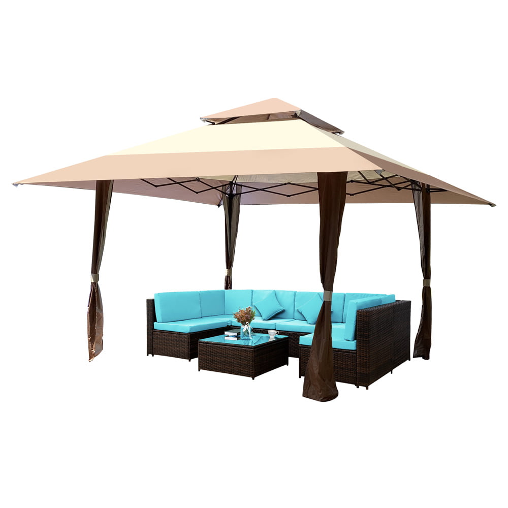 Sesslife Outdoor Canopy Gazebo, 13 x 13 ft Pop Up Gazebo for Patio and Lawn, Square Steel Garden Gazebo with Double Layer Top, 169 Feet Shade Area, Coffee