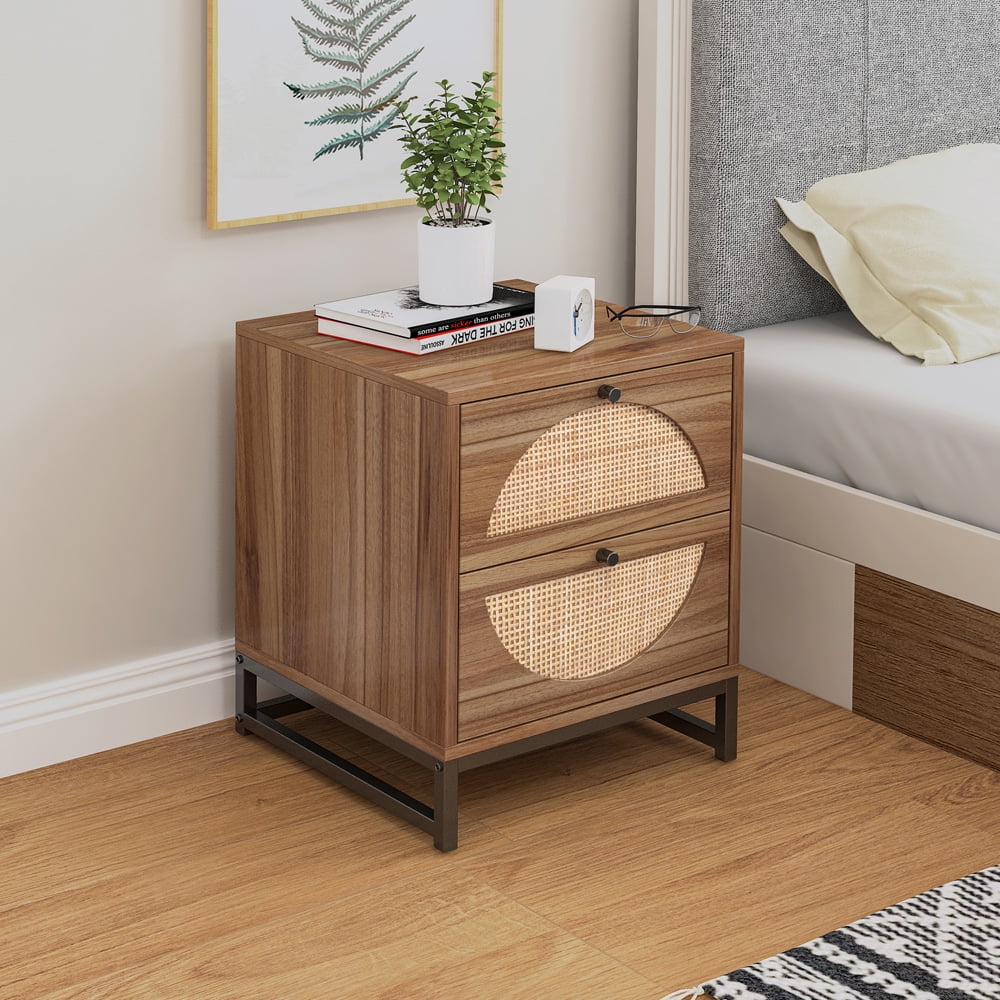 Sesslife Wood End Side Table, Bedside Table with 2 Storage Drawers for Bedroom, Multi-functional Modern Nightstand for Bedroom, Mid Century Bedside Table with Natural Rattan Decor, Iron Frame, Beige