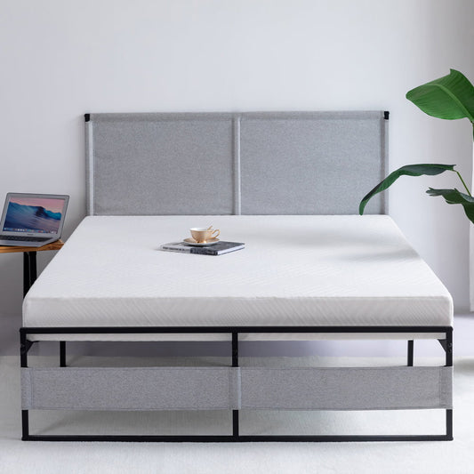 Sesslife Queen Bed Frame, Metal Platform Bed Frame with Gray Headboard Cover, Bed Frame with Steel Headboard and Footboard, No Box Spring Needed, 700 LBS Weight Capacity, Black