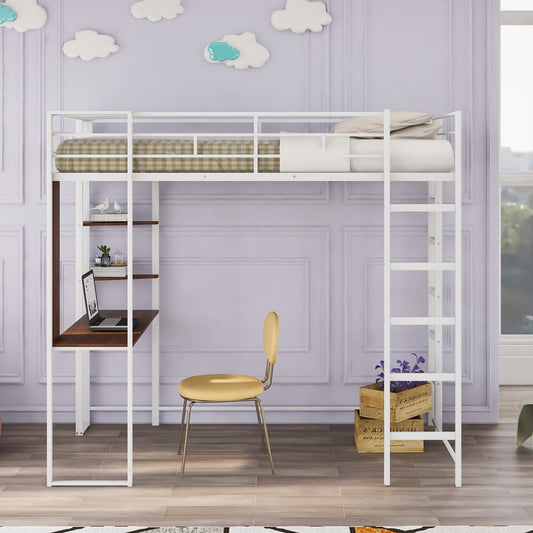SESSLIFE Twin Loft Bed for Kids Teens, Metal Bed Frame with Desk and Two Shelve, No Box Spring Needed, Loft Bed with Full-length Guardrails, Ladder, Space Saving Furniture, White