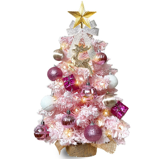 20 inch Christmas Tree with Lights, SESSLIFE Mini Flocked Tabletop Tree Christmas for Home Party Holiday New Year Christmas Decorations Indoor, Small Table Top Christmas Tree, Pink