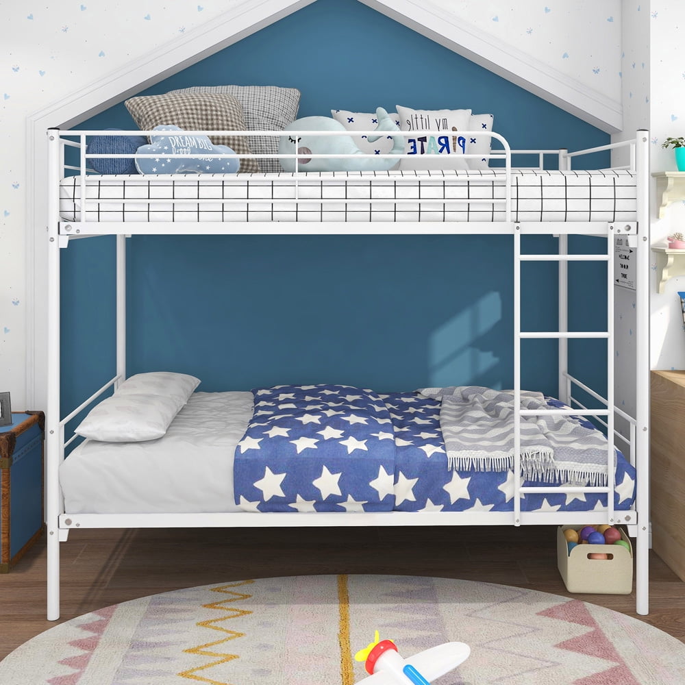 SESSLIFE Twin over Twin Bunk Beds, Metal Bunk Beds for Kids Teens Adults, Platform Bunk Bed Frame with Ladder and Safety Guardrail, Space-Saving Bunkbeds with Slats, No Box Spring Needed, White, X2273