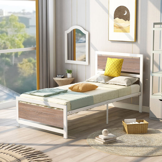 Sesslife Metal Twin Size Bed Frame, Industrial Style Platform Bed with Headboard & Footboard, No Box Spring Needed, Twin Bed Frame with Steel Slats System for Kid Adult, Hold up 220 Lbs, White, X3192