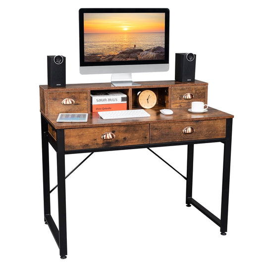 Computer Desk with Drawers, Sesslife 35.6" H Writing Table for Home Office, Game Desk with Shelf and Wooden Tabletop, Retro Work Table Student Desk with Black Iron Frame, Old Wood Color, X3278