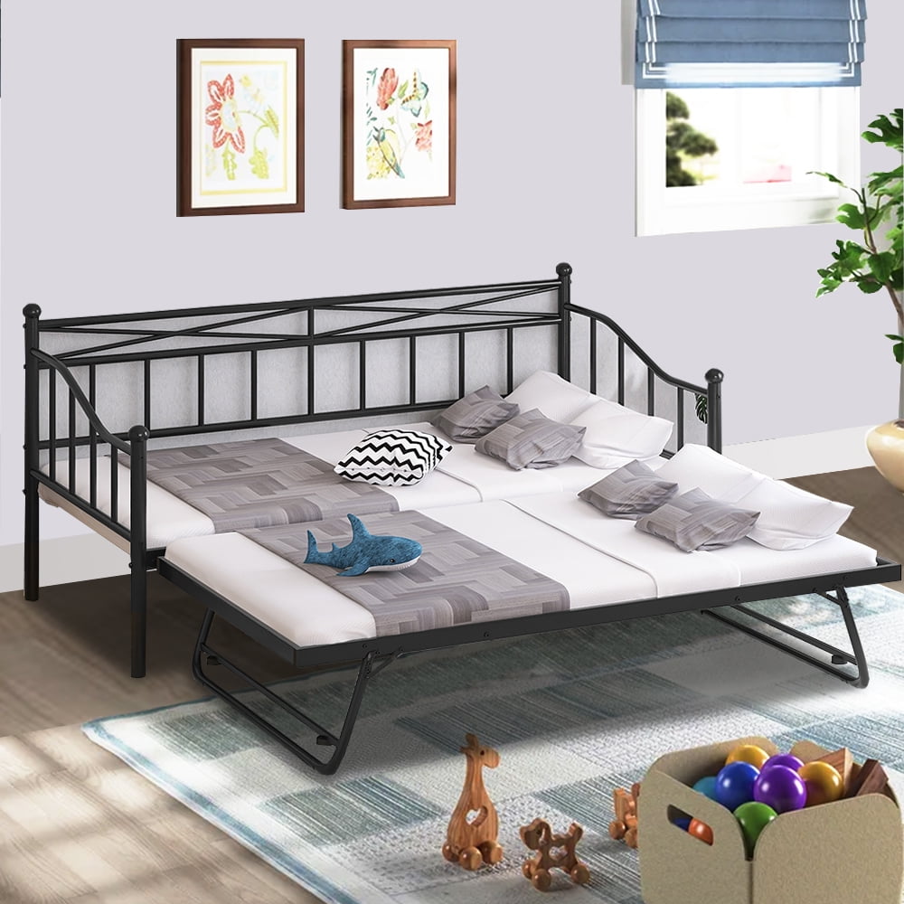 Metal Daybed with Trundle, SESSLIFE Twin Size Daybed with Adjustable Pop-Up Trundle, Black Daybed No Need Spring Box, Twin Sofa Bed with Steel Slats for Living Room Office, X2715