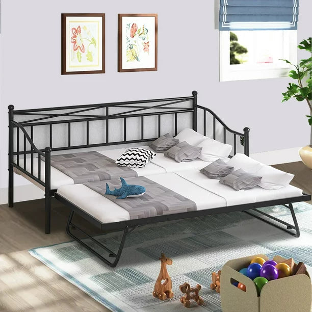 Twin Daybed with Trundle, SESSLIFE Metal Daybed Frame with Pop Up Trundle, No Box Spring Needed, Twin Size Sofa Bed with Steel Slats Support for Living Room Office, Black, X2705