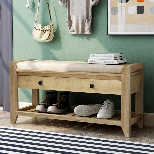 Entryway Bench with Storage Drawers, SESSLIFE Wooden Shoe Bench, Modern Storage Bench with Cushion, White, X296