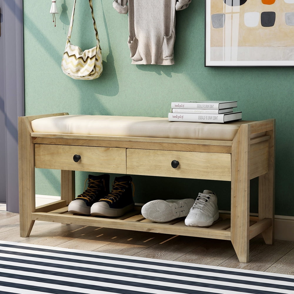SESSLIFE Wood Drawer Storage Bench, Shoe Bench with Cushion Seat, Entryway Bench for Hallway Living Room, Gray Wash, X280