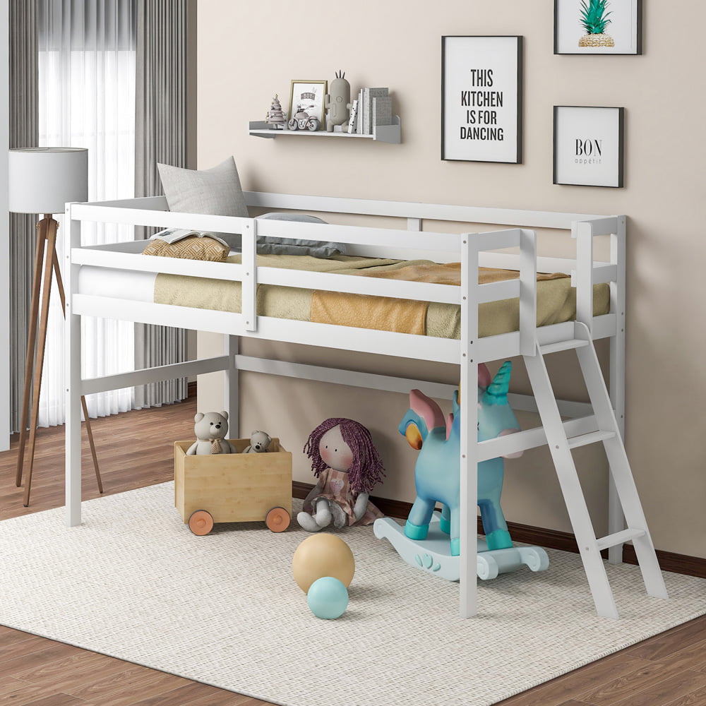 Twin Loft Bed for Kids, SESSLIFE Wood Low Loft Bed Frame with Ladder and Safety Guard Rails, Modern Bedroom Furniture Boys Girls Loft Bed Space Saving Design, White