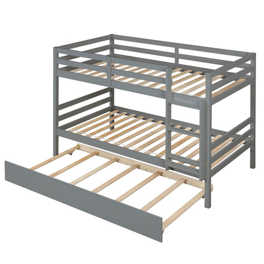 Wood Bunk Beds, Sesslife Twin Over Twin Bunk Bed Frame with Ladder and Guardrail, Kids Bunk Bed with Trundle, Modern Platform Bed No Box Spring Needed, Gray