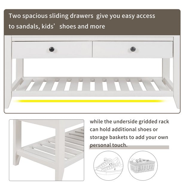 Entryway Bench with Storage Drawers, SESSLIFE Wooden Shoe Bench, Modern Storage Bench with Cushion, White, X296