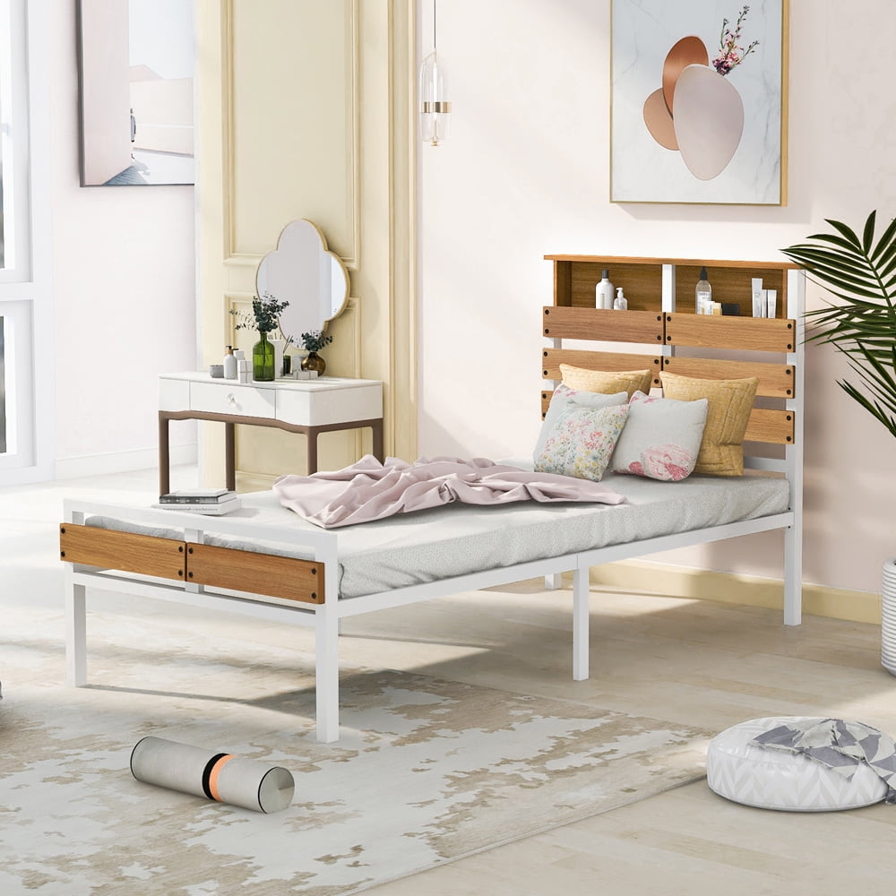 Metal Twin Bed Frame, SESSLIFE Platform Bed Frame with Wooden Storage Headboard and Footboard, Twin Size Bed Frame No Box Spring Needed for Kids Teens, Bedroom Furniture, White, X985