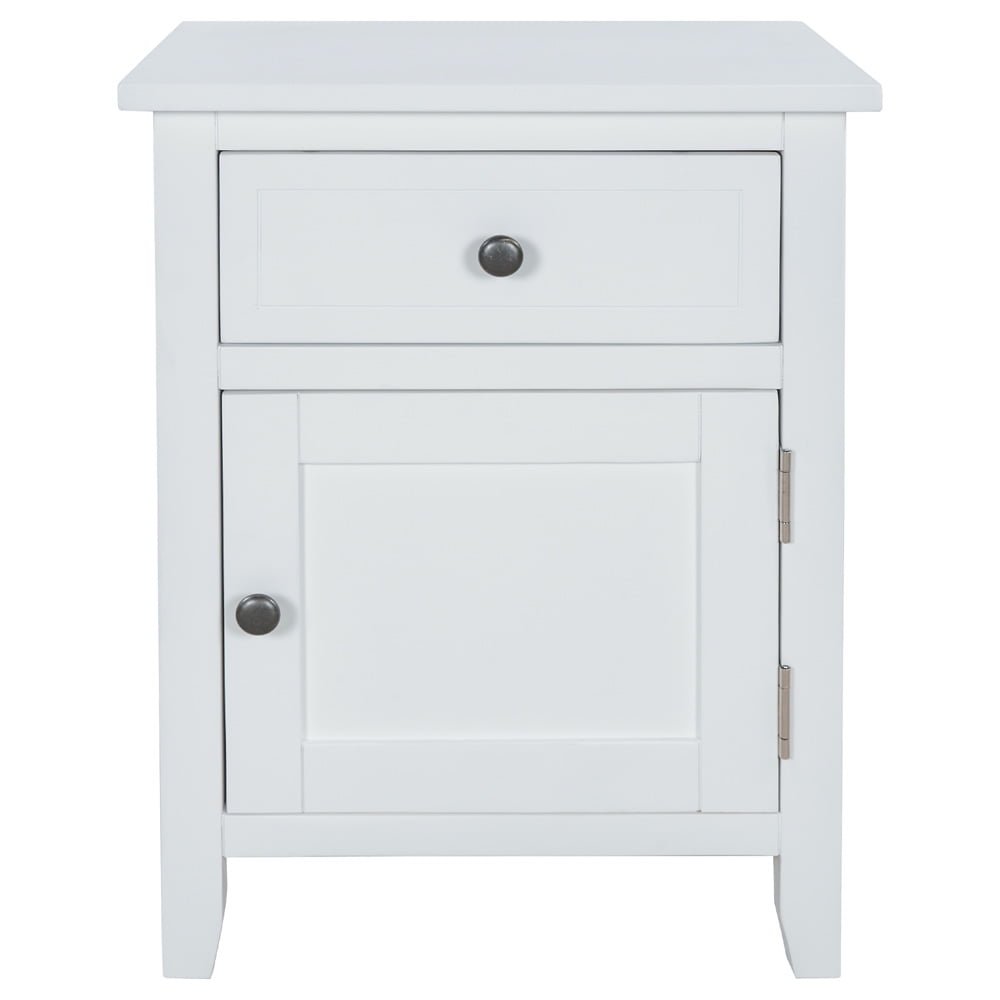 White Nightstand with Drawer, Sesslife Storage End Table with 1 Bottom Cabinet, Wood Bedside Table with Storage Space, Modern Night Stand with 4 Legs