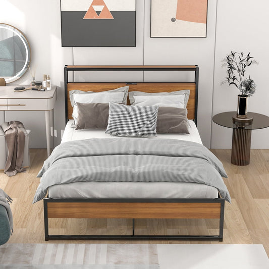 Sesslife Platform Bed Full Size, Metal Bed Frame with Headboard and Footboard for Kids Teens Adults, Full Bed Frame with Sockets and USB Ports, Black, Modern Bedroom Furniture