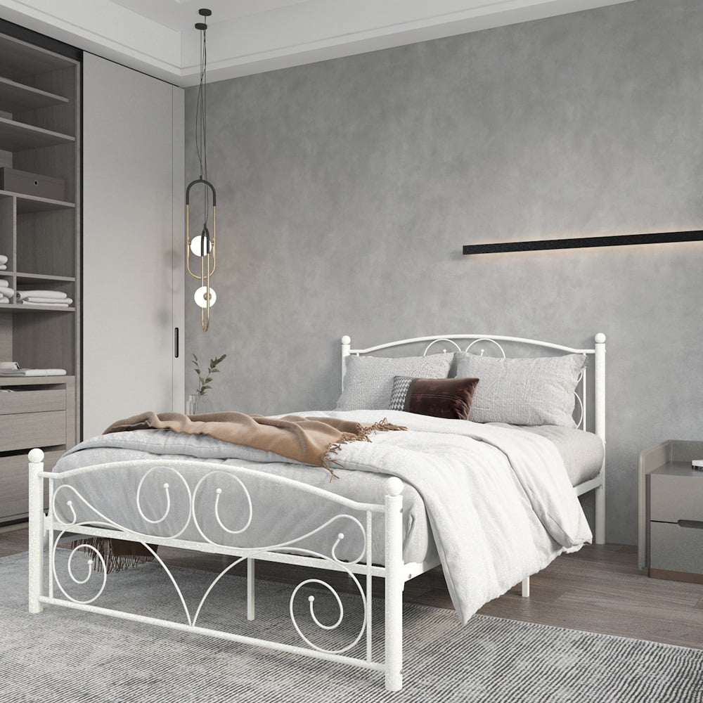 SESSLIFE Queen Platform Bed Frames, Metal Bed Frame with Steel Slats, No Box Spring Needed, Queen Bed Frame with Headboard and Mattress Foundation, Queen Size Beds for Kids Teens Adults, White, X3238
