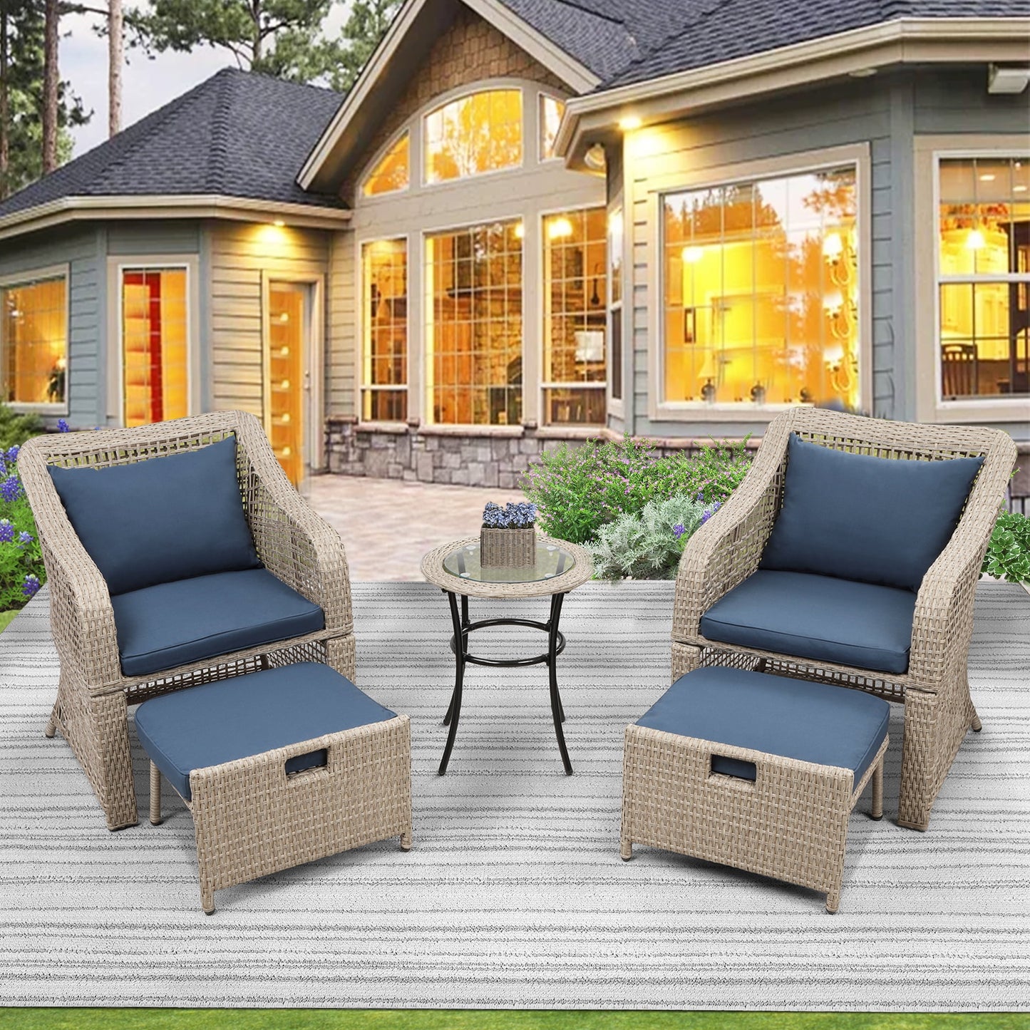 5 Piece Patio Furniture Set, Sesslife Outdoor Conversation Set for 2-4, Wicker Patio Set with 2 Stool, 2 Chair, Blue Cushions, 1 Round Table, Steel Outdoor Bistro Set for Garden Backyard Deck, X3176