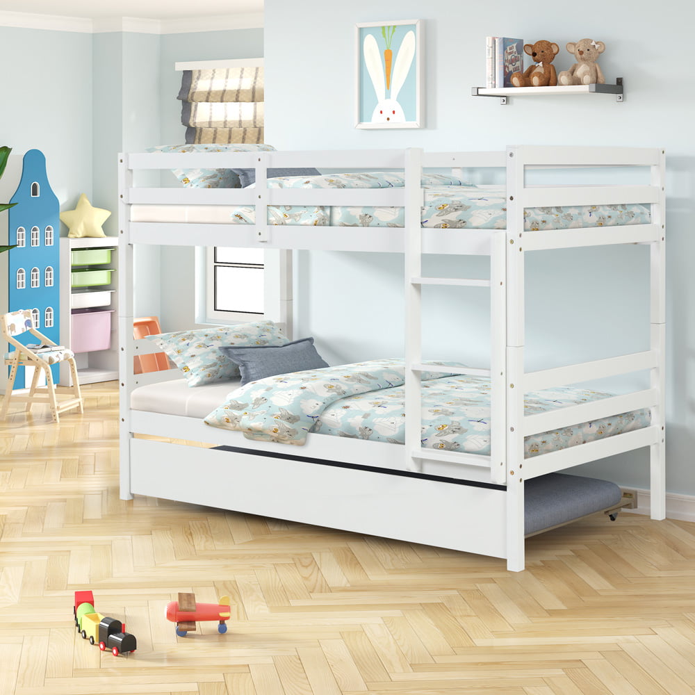 Wood Bunk Beds, Sesslife Twin Over Twin Bunk Bed Frame with Ladder and Guardrail, Kids Bunk Bed with Trundle, Modern Platform Bed No Box Spring Needed, White